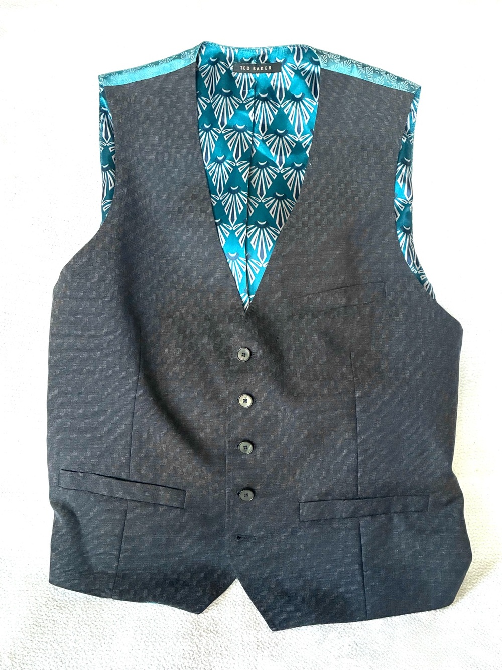 Ted Baker Men's Black Patterned Suit Vest with Teal Satin Lining